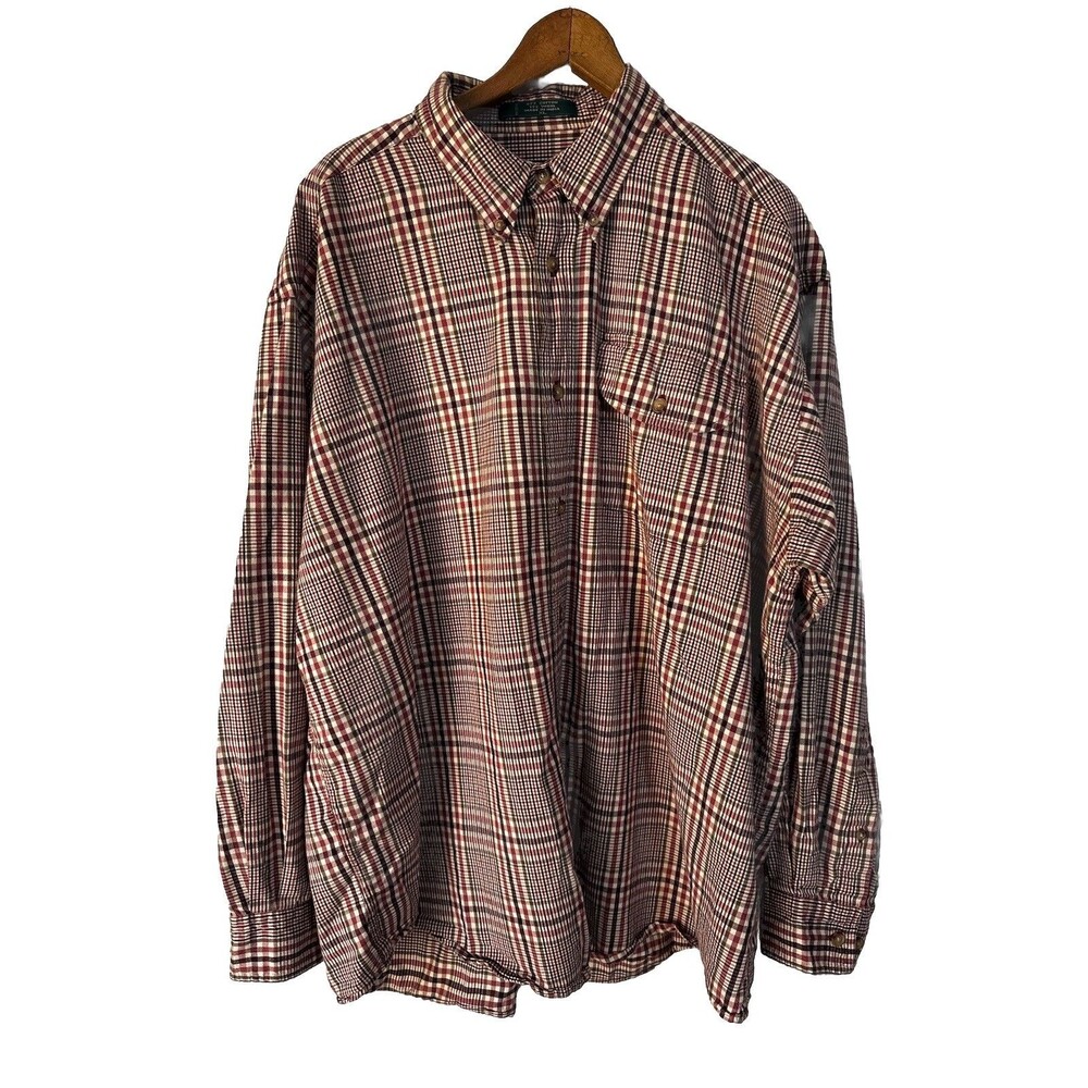 Vintage 90s Orvis Plaid Cotton Wool Blend Long Sleeve Button Down Khaki Red XL